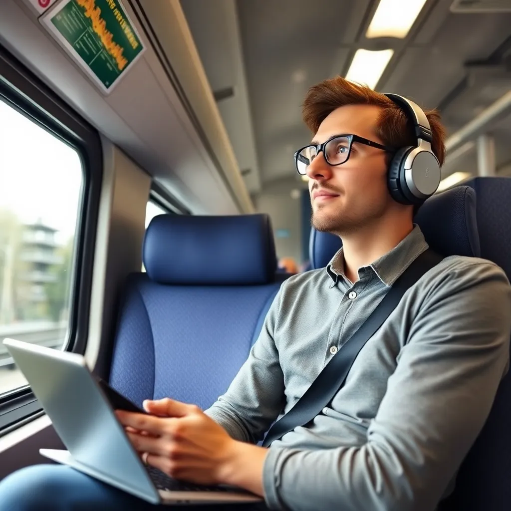 Belgische pendelaar die productief is met koptelefoon in de trein