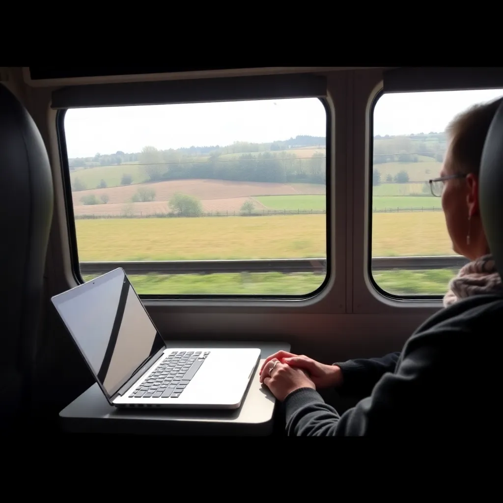 Persoon die productief werkt tijdens het pendelen in een Belgische trein